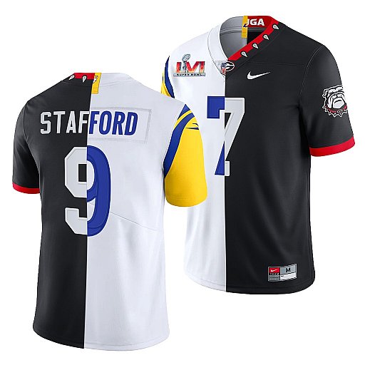 Men's Black/White Los Angeles Rams X Georgia Bulldogs #9 Matthew Stafford Split Super Bowl LVI Stitched Jersey